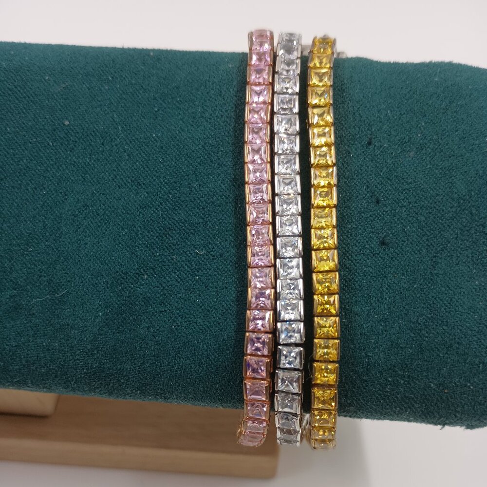 PJM 925 Sterling Pink, Yellow, Clear Princess Cut 3 Strand Tennis Bracelet.